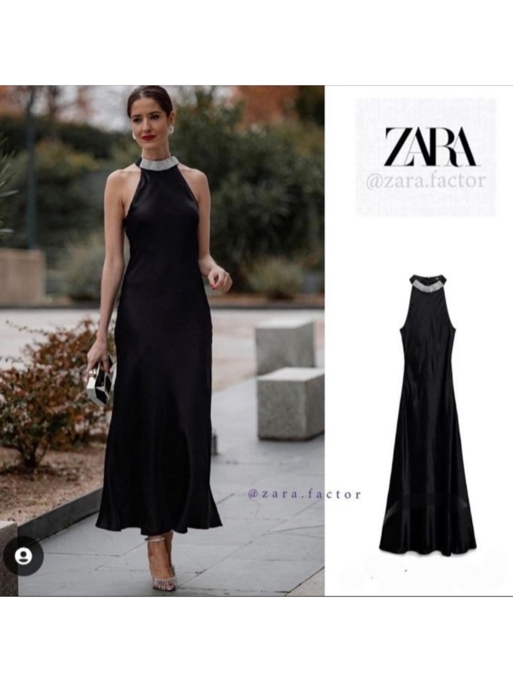 ZARA Black Maxi Halter Dress with Silver Embellished Neck